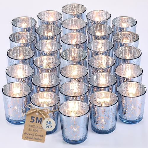 LETINE Blue Votive Candle Holders Set of 36 -Mercury Glass Candle Holders for Wedding & Baby Shower Decor - Ideal for Bridal Shower & Centerpieces for Tables - color: Blue