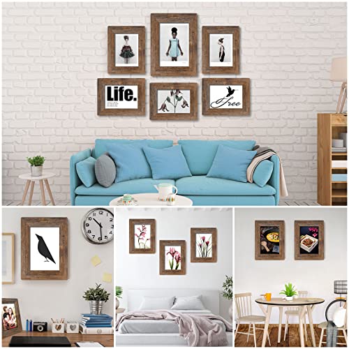 8x10 Picture Frames Set, Set of 4 Wooden Picture Frames Real Tempered Glass and Composite Wooden Rustic Rounded Corners Photo Display for Tabletop Wall Mount (Brown) | Rounded Corner Barn Wood Frame, Kid-Safe Tempered Glass, Wall Mount & Tabletop Vertical