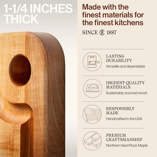 John Boos Prestige Series Rectangular Wooden Maple Cutting Board 16”x10” – 1.25” Thick, 6-lb Reversible Butcher Block with Juice Groove, Edge-Grain & Finger Grip Hole – Made in the USA | 1.25” Thick, 6-lb Butcher Block with Juice Groove, Edge-Grain & Fing