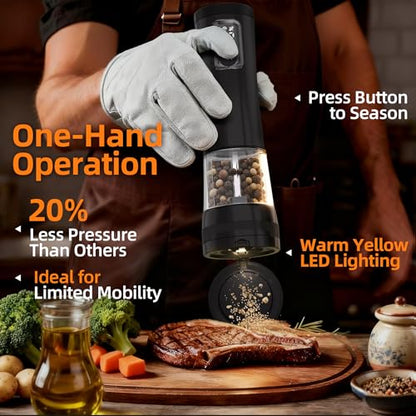 Electric Salt and Pepper Grinder, Rechargeable Automatic Pepper Mill with Base,5-Level Adjustable Coarseness, Display, LED Lighting, Large Capacity-Ideal for Kitchen, BBQ Gifts (1, Black-A) - color: Black-A