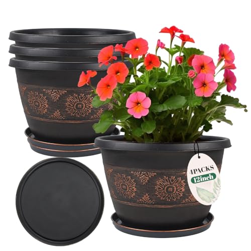 12 Inch Retro Plant Pots 4 Pack with Drainage and Saucers Copper | Copper retro PP pots with drainage holes and saucers for flowers pothos aloe herbs patios porches gardens and entryways - color: Copper, size: 12 Inches-4 packs