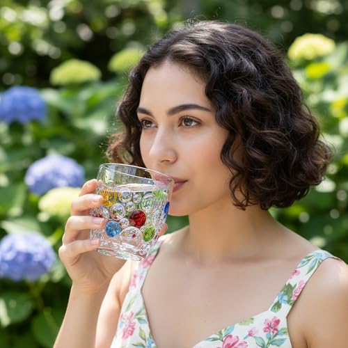 Handmade Crystal Water Glasses, So Cute, Colored Beaded, Set of 6, Bubble Design, 11oz Modern Hobnail Drinking Glasses, for Water,Whiskey, Wine, Beer,Juice,Cocktail,Coffee, Champagne, Gift