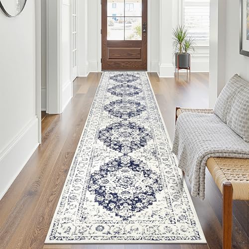 Pauwer Vintage Floral 2x10 Runner Rug, Non Slip Hallway Runner, Navy Blue | Machine Washable, Faux Wool, Low-Pile, Non-Shedding, Soft Distressed Floor Carpet For Entryway, Laundry, Bedroom, Kitchen - color: Navy Blue, size: 2' x 10' (Runner)