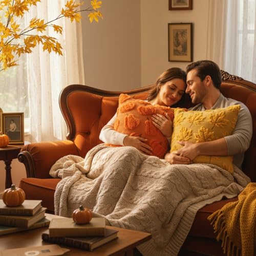 Tiamon 4 Pcs Fall Throw Pillow Covers 18 x 18 Inch Autumn Pillow Cases 3D Embroidered Pumpkin Leaf Plush Fluffy Faux Fur Cushion Covers for Thanksgiving Harvest Decoration Farmhouse Home Sofa Couch - style: Fall A