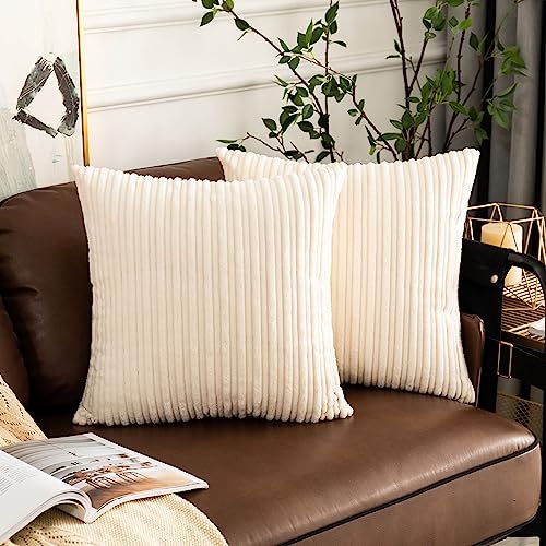 UGASA 18x18Inch Stripe Decorative Throw Pillow Covers Pack of 2 Soft Velvet Solid Square Cushion Case for Sofa Bedroom Couch, Cream - color: Cream, size: 18" x 18" (Pack of 2)