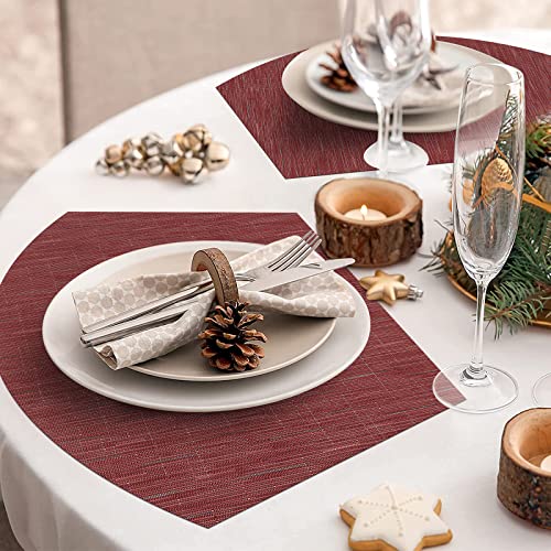 SHACOS Large Size Wedge Placemats with Centerpiece Round Mat Set of 5 Round Table Place Mats Washable Dining Table Placemats Reversible Durable, Burgundy - color: Burgundy