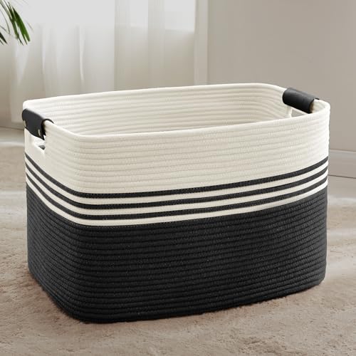 86L Large Woven Laundry Basket Hamper with Leather Handles,Black | collapsible wicker hamper, storage for dirty clothes, toys, blankets, gifts, living room, bedroom, bathroom, 24"x16"x14" - color: Black, size: 86L