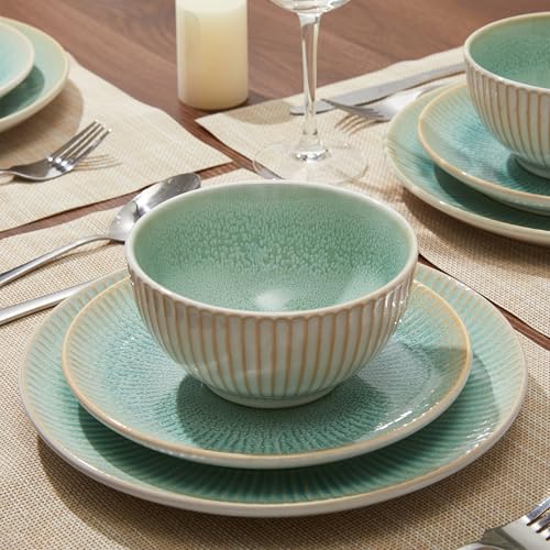 Ceramic Dinnerware Sets for 4, 12pcs Plates and Bowls Sets Dish Set | Stoneware Dishware sets, Microwave & Dishwasher Safe, Cereal Bowls and Dinner Plates Set, Stackable Dishes Set, Green - color: Embossed Green, size: Set (12pcs)