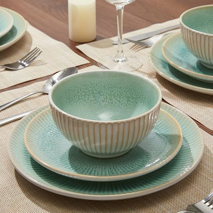 Ceramic Dinnerware Sets for 4, 12pcs Plates and Bowls Sets Dish Set | Stoneware Dishware sets, Microwave & Dishwasher Safe, Cereal Bowls and Dinner Plates Set, Stackable Dishes Set, Green - color: Embossed Green, size: Set (12pcs)