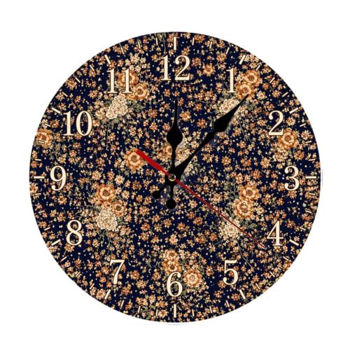 Floral Pattern on Dark Blue Background-3 Round Wooden Wall Clock, Silent Non-Ticking Battery Operated Decorative Wall Clock for Living Room, Bedroom, Kitchen, Office, Farmhouse Home Decor - color: Color549, size: 11.8x11.8in
