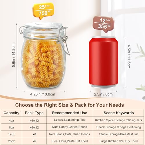 Glass Jars with Airtight Lids, 26oz Glass Storage Jars Set of 6, Thick Food Storage Containers for Pantry Organization, Kitchen Counter, Coffee, Pasta, Cereal - size: 26 fl oz x 6 - Round
