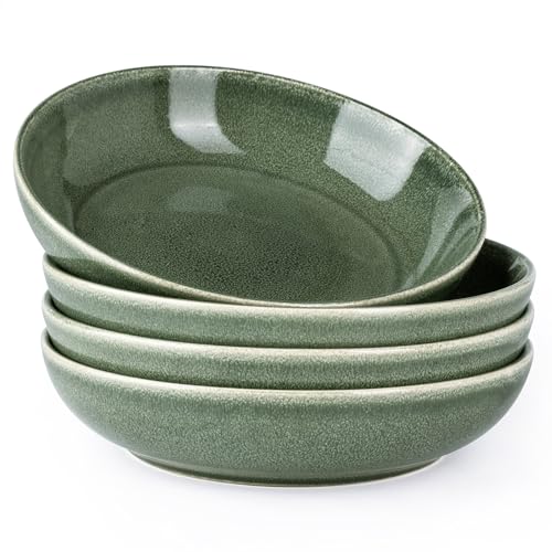 AmorArc 8.5’’ Ceramic Pasta Bowls Set of 4, 36oz Large Stoneware Bowls Set | Large Dinner Serving Bowls Set, Wide Bowl Plate for Pasta,Salad, Soup, Microwave Safe, Reactive Glaze-Jade Green - color: Jade Green, size: Set of 4