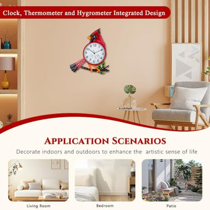 Large Outdoor Clock with Thermometer & Humidity | Silent Non-Ticking, Cardinal Outdoor Wall Clock for Patio, Garden, Kitchen, Living Room, Red - style: Cardinal-Red