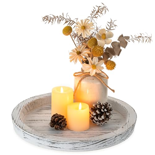 Hanobe Wooden Tray for Coffee Table: Candle Holder Plate Round Decorative Serving Tray - Vintage Table Centerpiece Rustic Farmhouse Home Decor | Farmhouse Candle Holder Trays, Display for Centerpiece Decor, for Kitchen Countertop, Paulownia Wood - color: