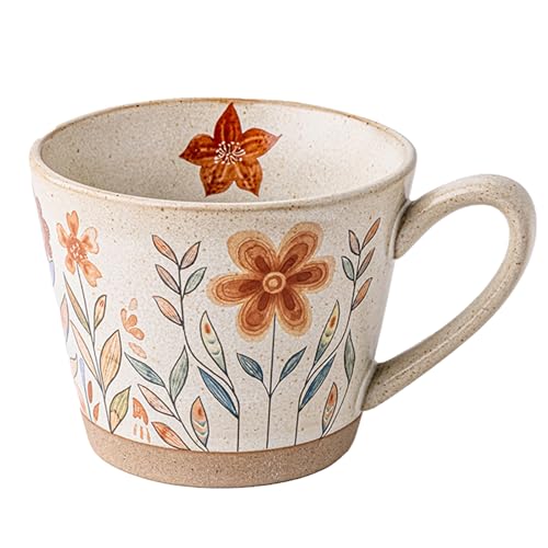 15oz Vintage Floral Ceramic Coffee Mug for Latte, Hot Tea | Hand-Painted Lead-Free Tea Cup with Comfort Handle, Microwave & Dishwasher Safe for Home Office & Gift for Women - color: Orange Floral