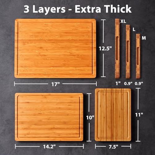 Allsum Carbonized Bamboo Wood Cutting Boards for Kitchen, 1” Thick Wooden Butcher with Juice Grooves and Handles, Cute Cheese Charcuterie Boards as a Gift for Chef, Family, 3 Pack - size: 3-Piece Set