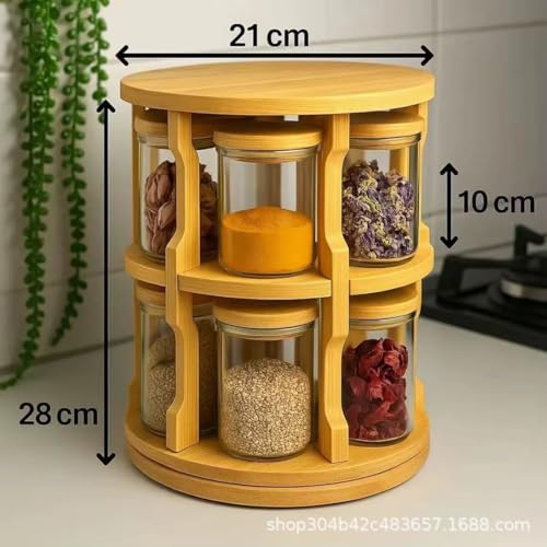 Bamboo Rotating Spice Rack, Herb Organizer with 10 Glass Spice Jars, 360° Lazy Susan Countertop Spice Rack, Kitchen Seasoning Organizer