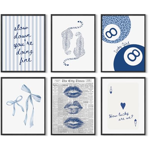 Pesiou Navy Blue Leopard Wall Art Preppy Cheetah Canvas Wall Decor Trendy Aesthetic Pictures Bow Bule Lucky 8 Ball Poster Coquette Lips Prints for Girl Room Bedroom 8x10 Inch Unframed Set of 6 - color: Blue Leopard Art, size: 10"L x 8"W