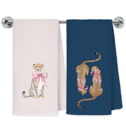 Coquette Pink Bow Two Cheetah Kitchen Towels, Navy Blue Pink Leopard Hand Towels for Bathroom Kitchen, Trendy Preppy Leopard Decorative Dish Towels Drying Cloth, 16x24 Inch Set of 2 - color: Coquette-towels-l