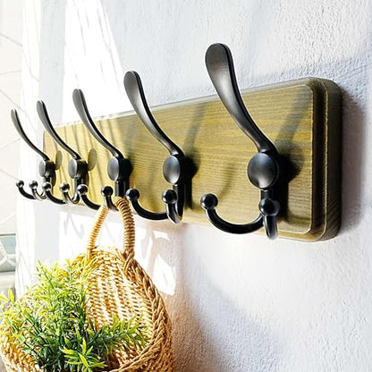 Wall Mount Coat Hanger - Heavy-Duty Robust Barnwood-Style Wooden Hook Rail with 5 Triple Hooks for Winter Coats, Hats, Jackets, Weathered Green & Black - color: Weathered Green & Black, size: L=17.4"