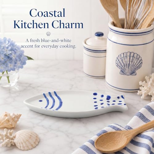 Ceramic Fish Spoon Rest for Kitchen Coastal Ocean Decoration | Spoon Holder for Stove Counter, Blue White, Cutlery Rest, Ocean Lovers, Housewarming Gifts, 7.87 x 3.94 Inches - style: Fish