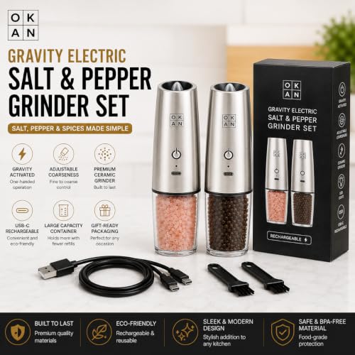 Automatic Electric Gravity Salt and Pepper Grinder Set, Rechargeable, One-Hand Operation, Dual USB-C Charging Cable, Adjustable Ceramic Burr, LED Light, Stainless Steel, 3.4 Oz - color: Stainless Steel