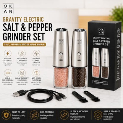 Automatic Electric Gravity Salt and Pepper Grinder Set, Rechargeable, One-Hand Operation, Dual USB-C Charging Cable, Adjustable Ceramic Burr, LED Light, Stainless Steel, 3.4 Oz - color: Stainless Steel