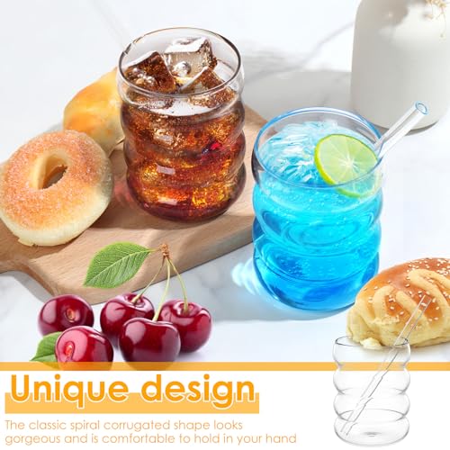 Ribbed Drinking Glass Cups with Glass Straws Set of 4, 10 oz Aesthetic Iced Coffee Glasses, Bubble Glasses Drinking Tumbler, Ribbed Glassware, Beer Glasses for Coctail, Soda, Juice | Aesthetic Clear Glass Cups with Matching Glass Straws, for Iced Coffee,