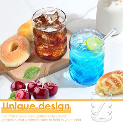 Ribbed Drinking Glass Cups with Glass Straws Set of 4, 10 oz Aesthetic Iced Coffee Glasses, Bubble Glasses Drinking Tumbler, Ribbed Glassware, Beer Glasses for Coctail, Soda, Juice | Aesthetic Clear Glass Cups with Matching Glass Straws, for Iced Coffee,