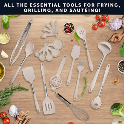 Home Hero Silicone Kitchen Utensils Set - Heat Resistant Non-Scratch Cooking Utensils - Ergonomic Silicone Spatula Set - Dishwasher Safe Kitchen Tools - 26 Piece, Stone - size: 26 Pcs