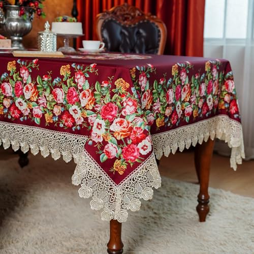 SUTAVIA Floral Tablecloths Rectangular 60"x104" Embroidery Lace Burgundy | Vintage Waterproof Rectangle Table Cloth Farmhouse Decoration Washable Table Cover for Home Holiday Party Dining Table - color: Burgundy, size: 104" x 60" (Rectangular)