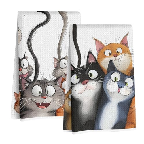 Jztco 2 Pcs Cute Cat Kitchen Towels, Cats Soft Absorbent Hand Tea Towels | Cat Lover Gifts for Women Mom Microfiber Dish Cloths for Drying Dishes, Waffle Dish Towels for Kitchen Home Bathroom Decor - color: Multi 1430