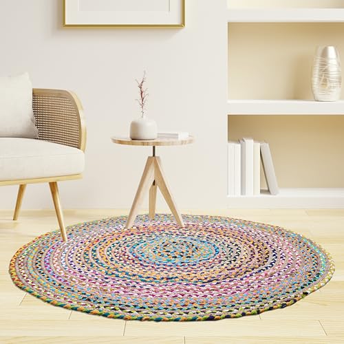 Craft Trade Round Chindi Jute Area Rug for Living Room Bedroom Outdoor Boho Small Hallway Indoor Braided Woven Reversible Floor Rag Rugs 3 Ft Multi - color: Multi Round, size: 3' (Round)