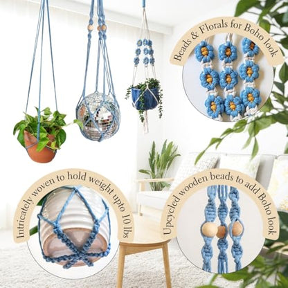Set of 3 Macrame plant hangers with Daisies & Beads Hanging plant holder Macrame Plant hangers outdoor and indoor hanging planters Plant stand indoor Boho Decor hanging planter stand (Cloudy Day)