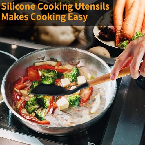 Silicone Cooking Utensils Kitchen Utensil Set - 446°F Heat Resistant Silicone Kitchen Utensils Set, Spatula,Turner Tongs, Spoon, Brush, Whisk,Kitchen Gadgets for Nonstick Cookware, BPA Free (Black) - color: Black