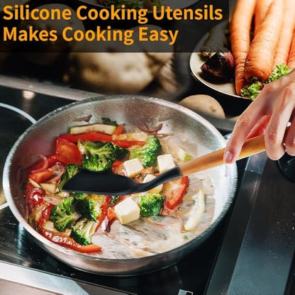 Silicone Cooking Utensils Kitchen Utensil Set - 446°F Heat Resistant Silicone Kitchen Utensils Set, Spatula,Turner Tongs, Spoon, Brush, Whisk,Kitchen Gadgets for Nonstick Cookware, BPA Free (Black) - color: Black