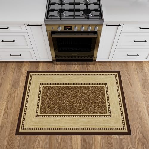 Ottomanson 3x5 Area Rugs – Ultra-Thin Entryway Rug | Non-Slip Rubber Backed Kitchen Rugs – Border Carpet for Kids Bedroom Living Room Nursery, Indoor Door Mat, 3'3" x 4'7" - color: Border Dark Brown, size: 3'3" x 4'7" (Area Rug)