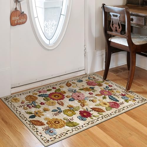 Washable 2x3 Small Area Rug, Beige Boho Floral Non-Slip Entryway Door Mat | Soft Low-Pile Carpet for Pet Feeding Areas, Bathroom, Bedroom, Kitchen, Kid & Pet Friendly, Stain, Fade & Wear Resistant - color: Beige, Cream, Mustard, Brick Red and Blue, size: