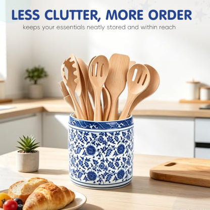 Large Blue and White Ceramic Utensil Holder Crock Chinoiserie Floral Design | Kitchen Countertop Organizer for Cooking Utensils Spatula Spoon Fork Home Decor Party
