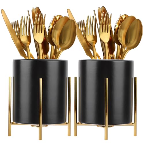 2pcs Sturdy Cutlery Holder White Ceramic With Metal Bracket Robust Silverware Caddy For Countertop - Spoon Holder Silverware Caddy - color: Black gold, size: S