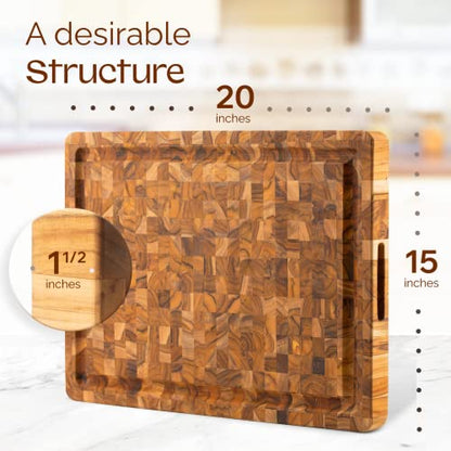 Yes4All Durable Teak Cutting Boards for Kitchen, [20''L x 15''W x 1.5” Thick] Large End Grain Cutting Board, Pre Oiled Wood Cutting Boards, Thick Chopping Board w/Juice Grooves and Easy Grip Handle - size: 20"L x 14.9"W, style: Teak