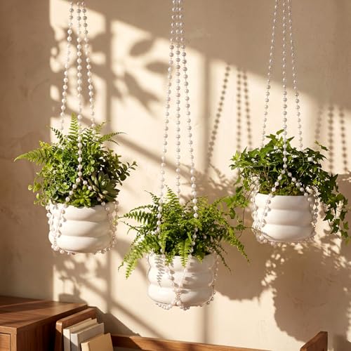 Sliner 3 Pack 24 Inch Pearl Beaded Plant Hanger Macrame Plant Hanger Decorative Hanging Planter Holder for Indoor Outdoor Boho Decor Wedding Home Garden - style: Pearl