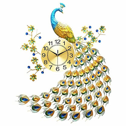 29.5" Large Peacock Wall Clock Crystal Decor, 3D Creative Luxury Wall Clock Silent Non-Ticking Battery Operated Living Room Decor Big Clock
