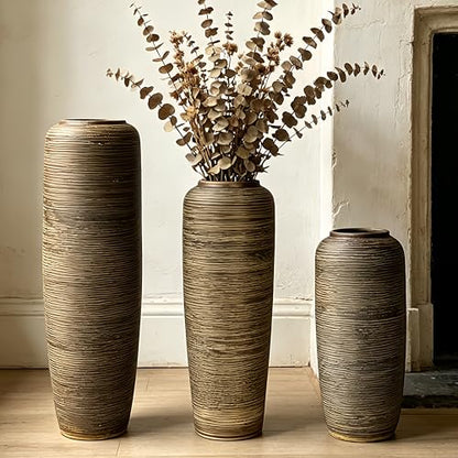Brown Rustic Ceramic Floor Vase, 24 Inch, Ribbed Texture | Living Room, Entryway, Fireplace, Pampas Grass, Dried Branches - size: 23.6 Inch