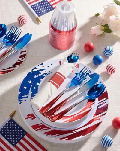350 Piece 4th of July Red Blue Plastic Dinnerware Set | Disposable Dinnerware Includes: 100 Plates, 50 Pre Rolled Napkins with Silverware, 50 Cups - color: Blue, style: 350 Piece (50 guests)