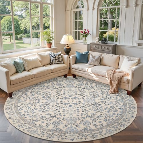 jinchan 7ft Washable Round Area Rug, Vintage Floral, Blue/Cream | Soft Non-Slip Low-Pile, Circle Carpet for Bedroom Dining Room Living Room Office Foyer Farmhouse - color: Blue/Cream, size: 7' (Round)
