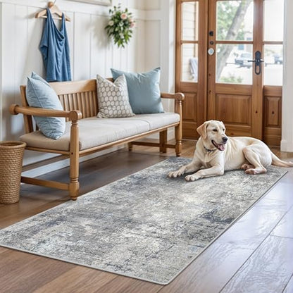 3x5 Washable Entryway Rug – Non-Slip Rubber Backed Small Area Rug for Kitchen, Bedroom, Living Room, Office – Soft Low-Pile Thin Modern Abstract Neutral Throw Rug （Blue Gray,3x5） - color: Blue Gray, size: 3' x 5' (Rectangular)