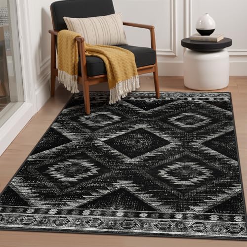 3'x5'Washable Area Rug for Living Room Bedroom Black | Soft Western No Slip Low Pile Print Foldable Indoor for Kitchen Dining Room - color: Black, size: 3' x 5' (Rectangular)