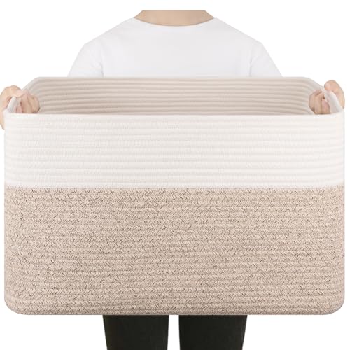 75L Large Cotton Rope Basket, Soft Toy Storage Bin for Nursery & Living Room, Decorative Blanket Basket for Bedroom, Baby-Safe Organizer for Pillows &Laundry, 22''×17''×12'', Brown and White - color: Brown & White, size: 75L