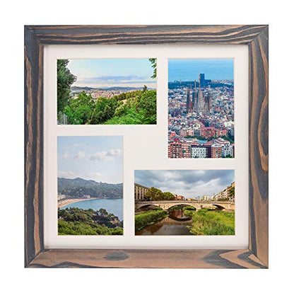Rustic Solid Wood Square Collage Photo Frame 12x12 inch – Display Four (4) 4x6 inch Pictures with Mat Wall Tabletop - Grey - color: Grey